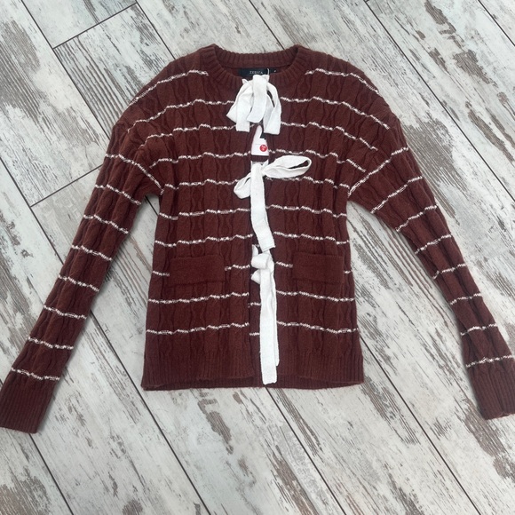 NWT - Zesica Women’s Small Open Front Striped Cardigan Sweater  Brown & White - Picture 3 of 14